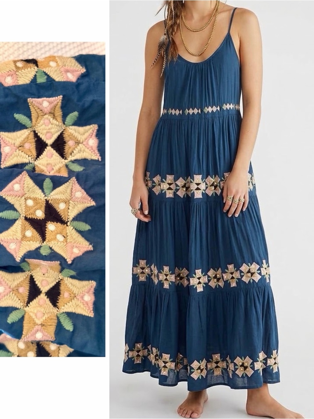 ROLLER RABBIT Navy Blue Embroidered Tiered Sundress Boho Maxi Dress